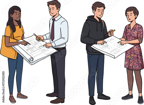 Architects discussing blueprints, teamwork in design planning, engineering collaboration, architectural meeting, construction strategy, professional consultation