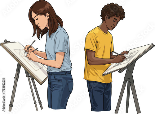 Art class drawing session, two people sketching at easels, creative focus, geometric design, indoor studio, artistic learning, visual expression, educational art activity