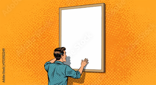 Retro Pop Art Man Contemplating Blank White Picture Frame, Hand on Neck, Reaching Out