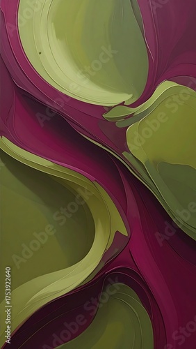 Abstract art with flowing ribbons of green and magenta, layered for a dynamic design