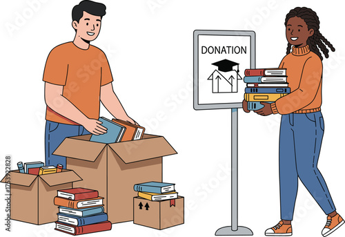 Book donation, community support, educational charity, volunteer event, literacy drive, student help, cardboard box, donation station, giving back, teamwork, reading initiative, social impact
