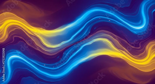 Abstract art with flowing, vibrant ribbons of blue, gold, and orange, on a deep violet background