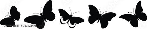 Butterfly silhouettes, black shapes, wing variation, flying insects, nature design, artistic layout, white background, species diversity, decorative pattern, entomology concept, motion, elegance