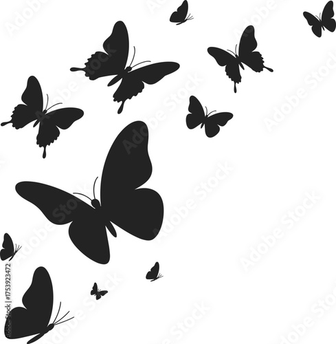 Butterfly silhouettes, flying motion, black shapes, white background, upward pattern, nature design, insect illustration, graceful movement, abstract composition, minimal style, visual rhythm