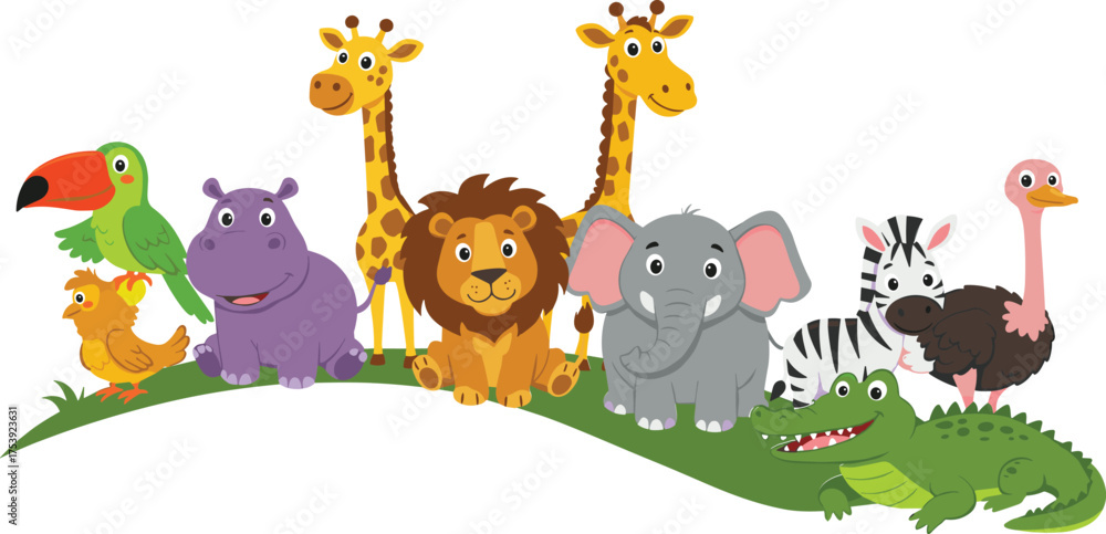 Naklejka premium Cartoon animals on grassy hill, jungle wildlife illustration, colorful zoo characters, giraffe, lion, elephant, zebra, crocodile, toucan, parrot, ostrich, kids content