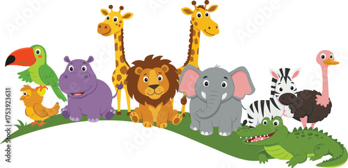 Cartoon animals on grassy hill, jungle wildlife illustration, colorful zoo characters, giraffe, lion, elephant, zebra, crocodile, toucan, parrot, ostrich, kids content