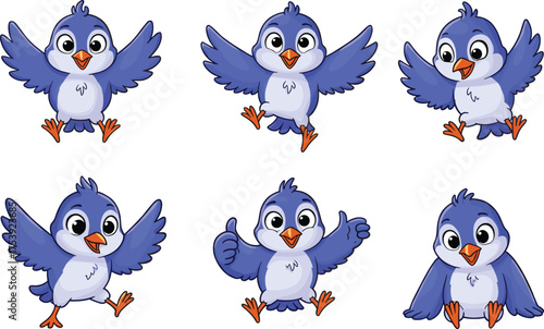 Cartoon blue birds, expressive poses, cheerful characters, orange beak, white belly, vector illustration, animated animals, playful design, thumbs up, flying bird, children content