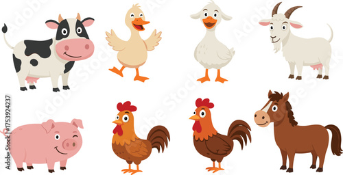Cartoon farm animals, cow, duck, goat, pig, chicken, horse, cute livestock, children illustration, barnyard animals, vector drawing, colorful, smiling, fun, playful, domestic animals