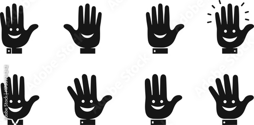 Happy hand icon set for vector design, symbol of welcome, stop, high five, help, palm, friendly, safety, care, and fun concepts for graphic assets.