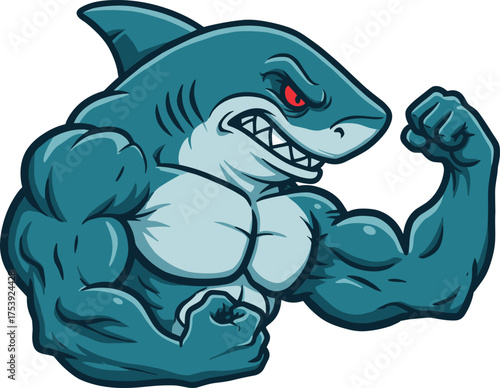 Cartoon muscular shark, anthropomorphic sea creature, aggressive marine animal, bodybuilding fish character, flexing pose, fierce expression, ocean predator