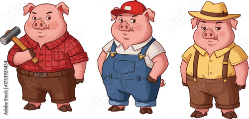 Cartoon pigs, character design, animal illustration, profession outfits, construction pig, farmer pig, manager pig, storytelling asset, cute animals, animation, costume, expressive pose, humor