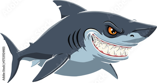 Cartoon shark illustration, aggressive fish, ocean predator, toothy grin, scary sea creature, animated marine animal, fierce shark design, underwater monster, dangerous aquatic character, vector art