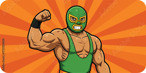 Cartoon wrestler, green mask, muscular character, flexing bicep, strong pose, wrestling costume, orange burst background, sports illustration, animated fighter, vector design, power concept