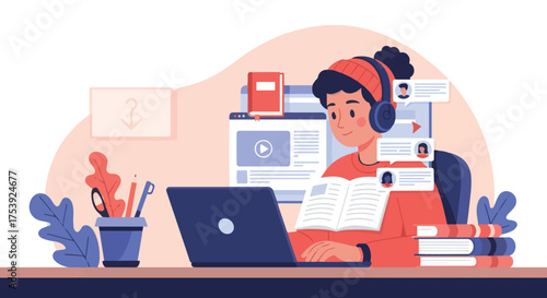 Online Education Concept – Young Man Studying on Laptop at Home