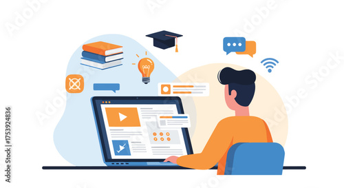People Using Video Call for Online Learning and Work – Flat Vector Illustration