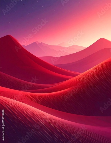 A vibrant desert landscape at sunset, with undulating red sand dunes and layered mountains