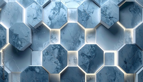 Abstract, geometric pattern of interconnected, cracked, light-blue marble tiles with glowing edges