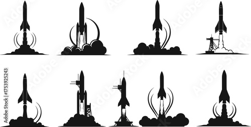 Rocket launch silhouettes, black vector rockets, liftoff illustration, space travel icons, flame and smoke, spacecraft design, aerospace clipart set
