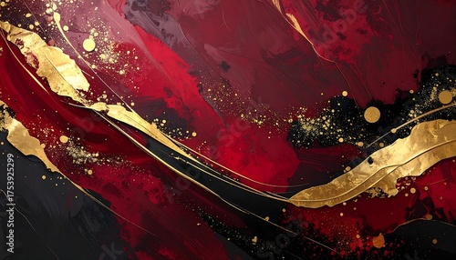 Abstract art with swirling red, black, and gold brushstrokes creating an elegant design
