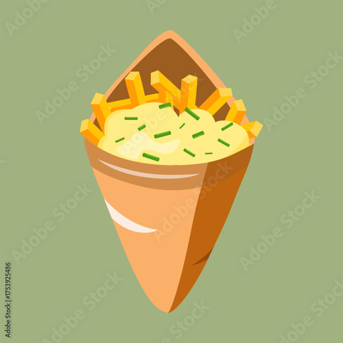 Flat vector of crispy french fries served in a paper cone, perfect for street food and takeaway meal designs.