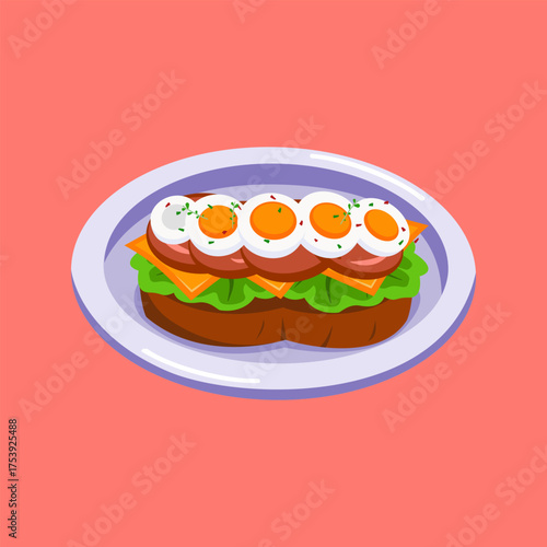Delicious flat vector illustration of avocado toast topped with poached egg and fresh vegetables, perfect for breakfast design or healthy food concepts.