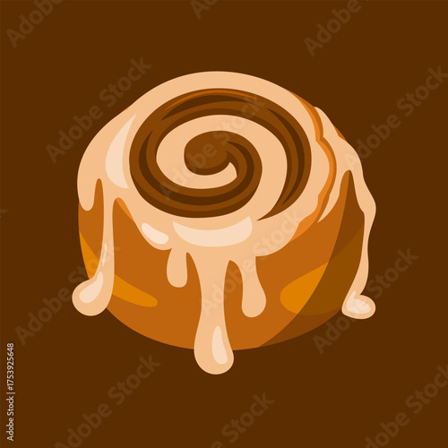 Sweet cinnamon roll topped with creamy icing, ideal for bakery, dessert, and breakfast-themed illustrations.