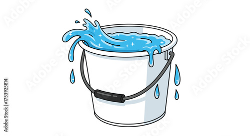 A white bucket overflowing with splashing blue water creating a dynamic liquid effect.