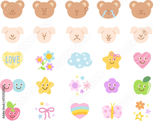 Cute vector illustrations of puppy and teddy bear expressions, apple, cherry, butterfly, flowers, heart for cartoon characters, comic, animals, pet shop, emoji, mood, feelings, emotion, emoticon, pin