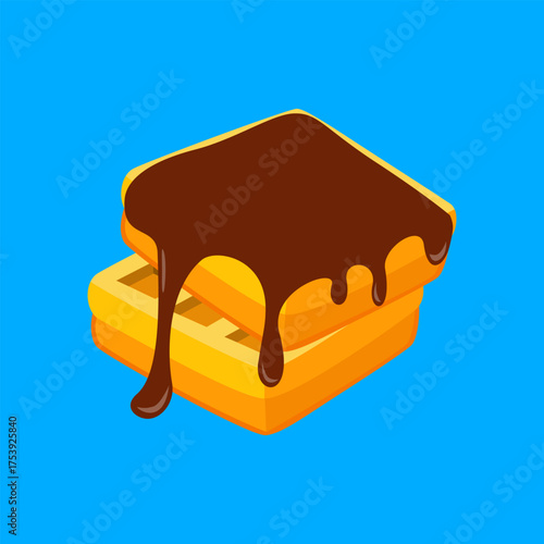 Flat vector of crispy waffle topped with butter and syrup, great for breakfast and dessert design themes.