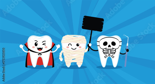 Cartoon teeth characters dressed as a vampire a healthy tooth and a skeleton holding a sign and a dental tool.