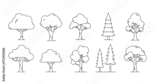 A collection of simple line art drawings of various deciduous and evergreen trees arranged in two rows.