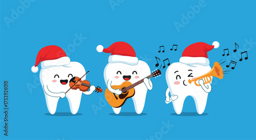 Three cartoon teeth wearing santa hats playing musical instruments like a violin guitar and trumpet on a blue background during christmas