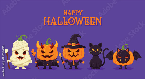 Happy halloween characters with spooky pumpkin and witch hat.