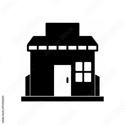 Black silhouette of a simple store front on transparent background