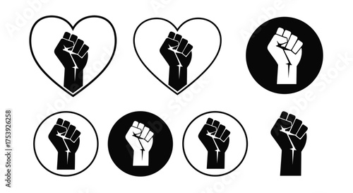 Symbol of solidarity and protest featuring a raised fist within hearts and circles.