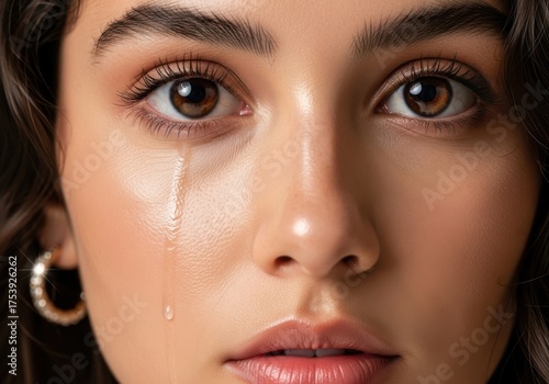 Close up of a woman s face with a tear rolling down her cheek isolated on white background