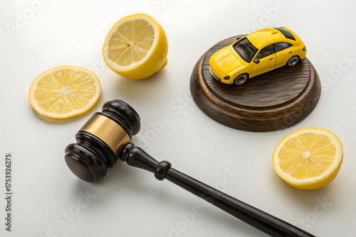 Legal Concepts with Gavel, Lemon, and Yellow Car on White Background for Creative Use