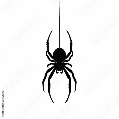 Black silhouette of a spider hanging from a thin thread against a clean white background, conveying a spooky and suspenseful mood in a minimalist style.