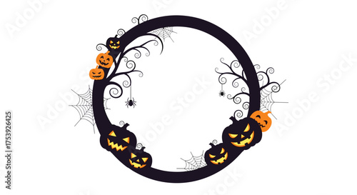 Spooky Halloween circular frame with carved pumpkins and creepy branches.