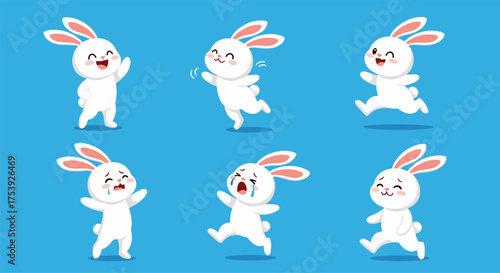 A collection of cute cartoon bunnies expressing various emotions and actions against a vibrant blue background.
