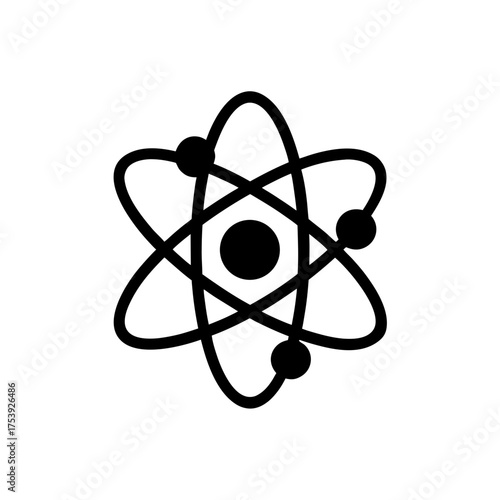 Black atom with electrons orbiting nucleus on transparent background silhouette
