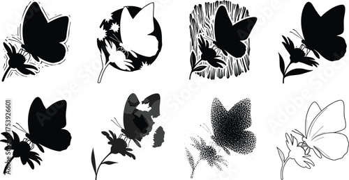 Butterfly, flower, silhouette, graphic, illustration, nature, design, art, vector, abstract, stipple, halftone, line drawing, moon, stars, texture, realistic, shading, floral, insect