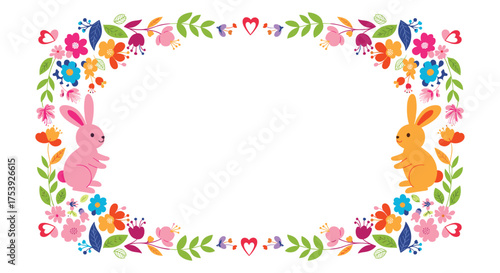 A vibrant floral frame with two cute cartoon bunnies and butterflies adorning the borders for a festive greeting.