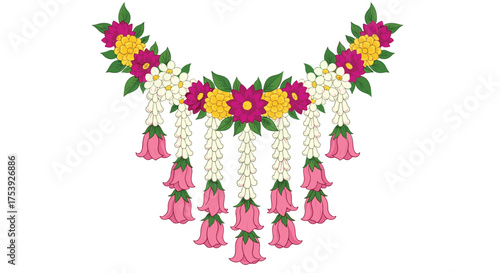 A decorative garland of pink bell flowers yellow roses and white jasmine blossoms arranged in a cascading pattern.