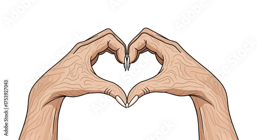 A tender moment captured showing two hands forming a heart shape with their fingers against a clean white background.