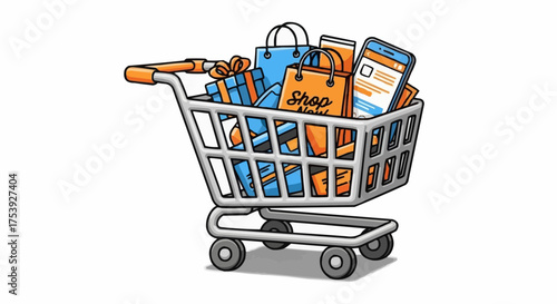 Shopping Cart Illustration E-commerce Concept Featuring Gifts, Bags, and Mobile Shopping