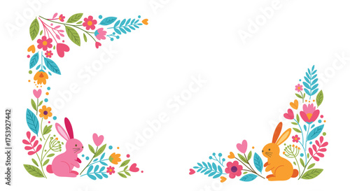 A charming illustration featuring two adorable bunnies nestled amongst a vibrant array of spring flowers and foliage.