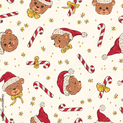 Christmas Seamless Pattern with Cute Teddy Bears in Santa Hat with Candy Canes and Shining Stars, vector illustration