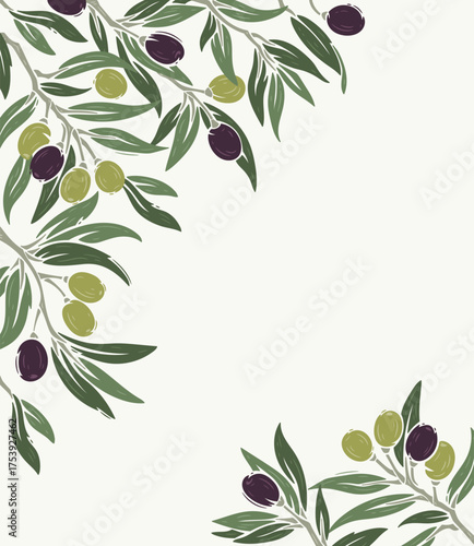 Corner Frame of Olive Branches with Green and Purple Olives, Leaves and Berries, Vector Illustration