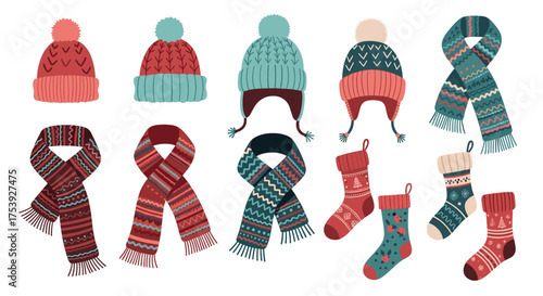 Winter warm knitted hats scarves and socks collection.
